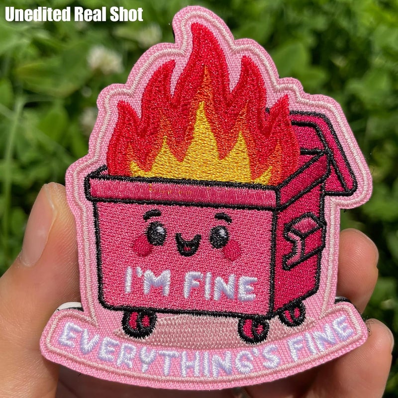 FengechoCstm I'm Fine Everything's Fine Meme Morale Patch - 3 x 2.5 Inch Pink Funny Dumpster Fire Embroidered Hook and Loop Patch for Hats, Backpack, Jackets, Dog Vest，Patch Wall, and More- 1 Pc - Image 2